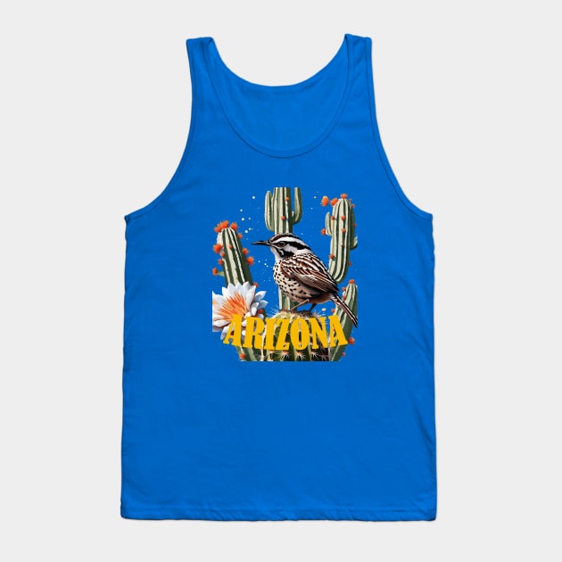 Arizona Cactus Wren Surrounded By Cactus Blossom Tank Top by taiche